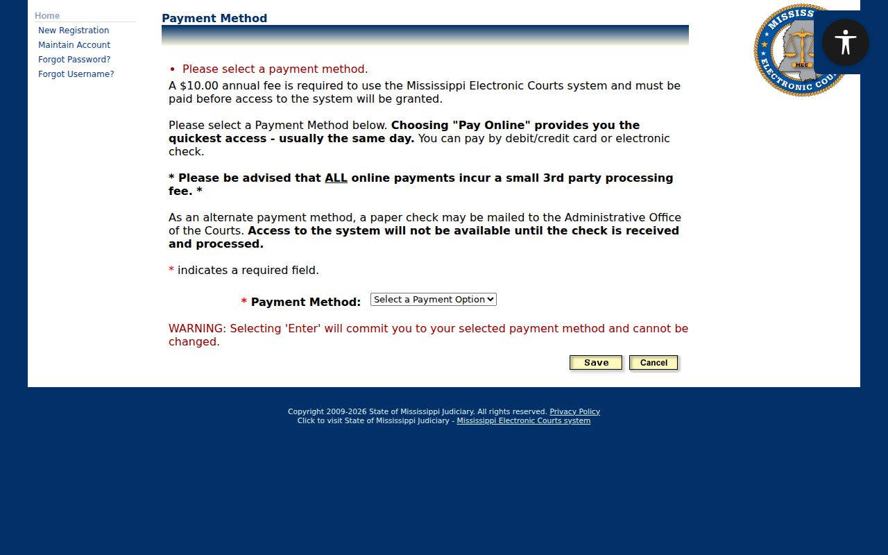 Mississippi electronic court annual access payment screen