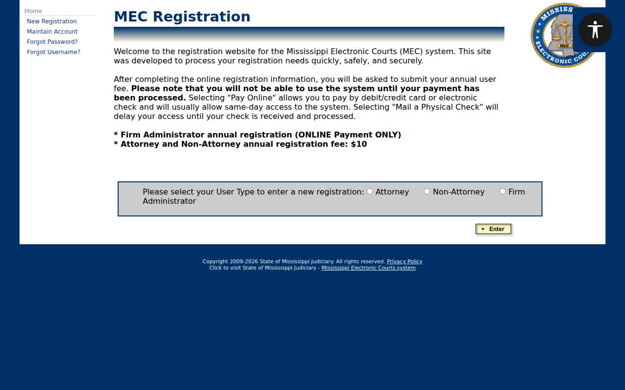 Mississippi electronic court registration user types